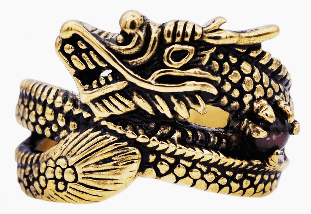 Mens Genuine Tiger Eye Gold Dragon Ring