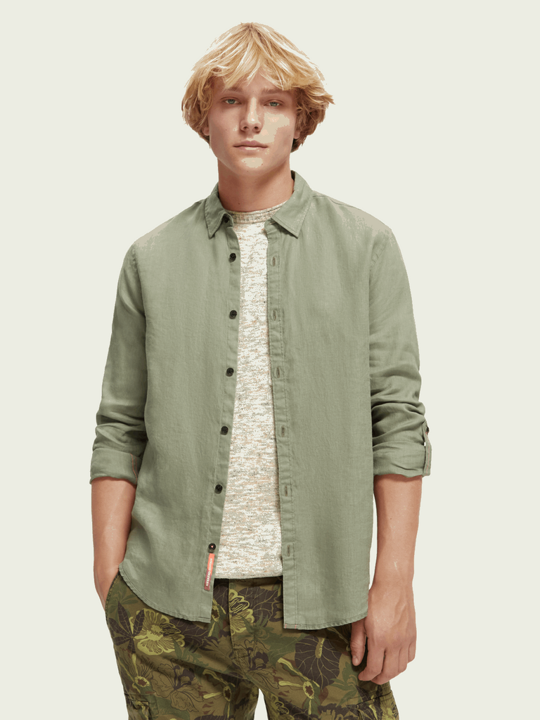 Linen shirt with sleeve roll-up-Olive