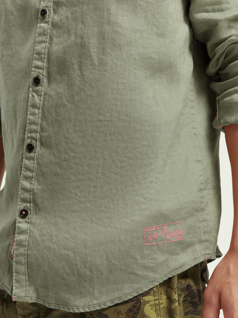 Linen shirt with sleeve roll-up-Olive