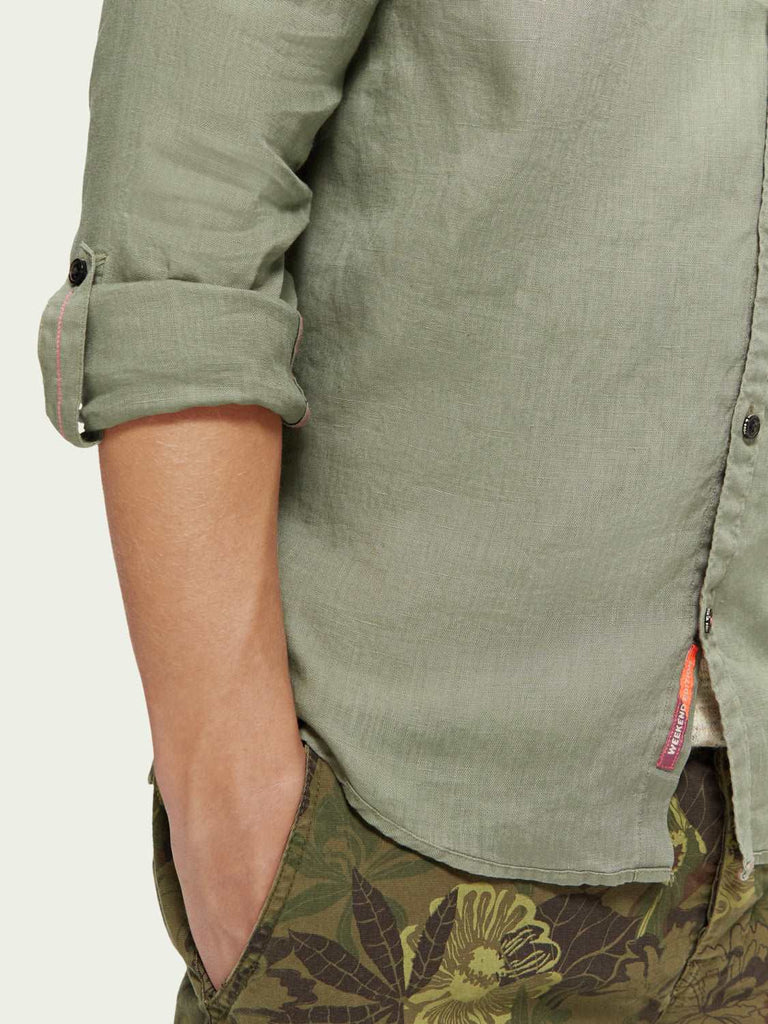 Linen shirt with sleeve roll-up-Olive